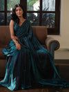 Banarasee Dual Shaded Chiffon Saree With Mirror Work-Teal Green