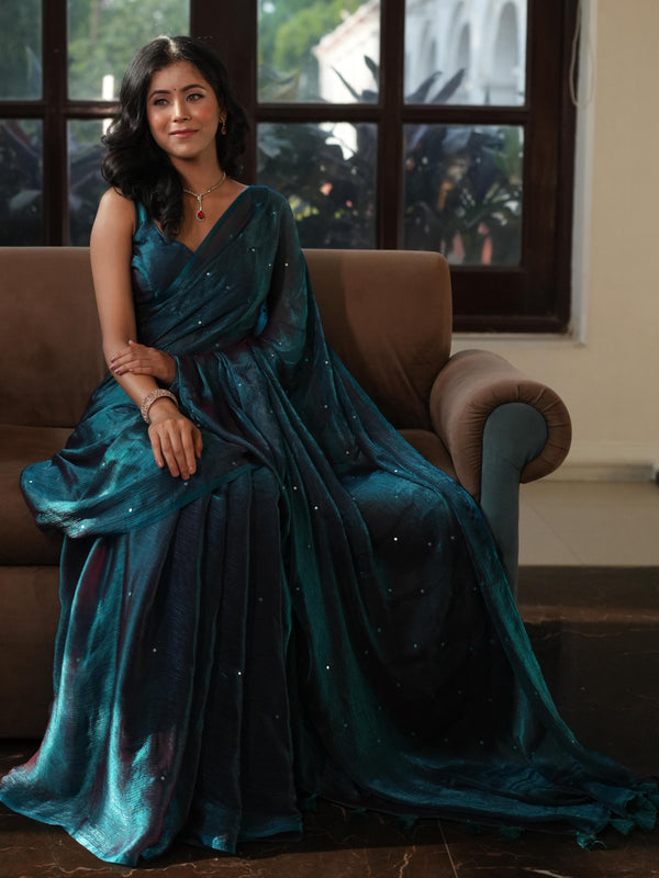 Banarasee Dual Shaded Chiffon Saree With Mirror Work-Teal Green
