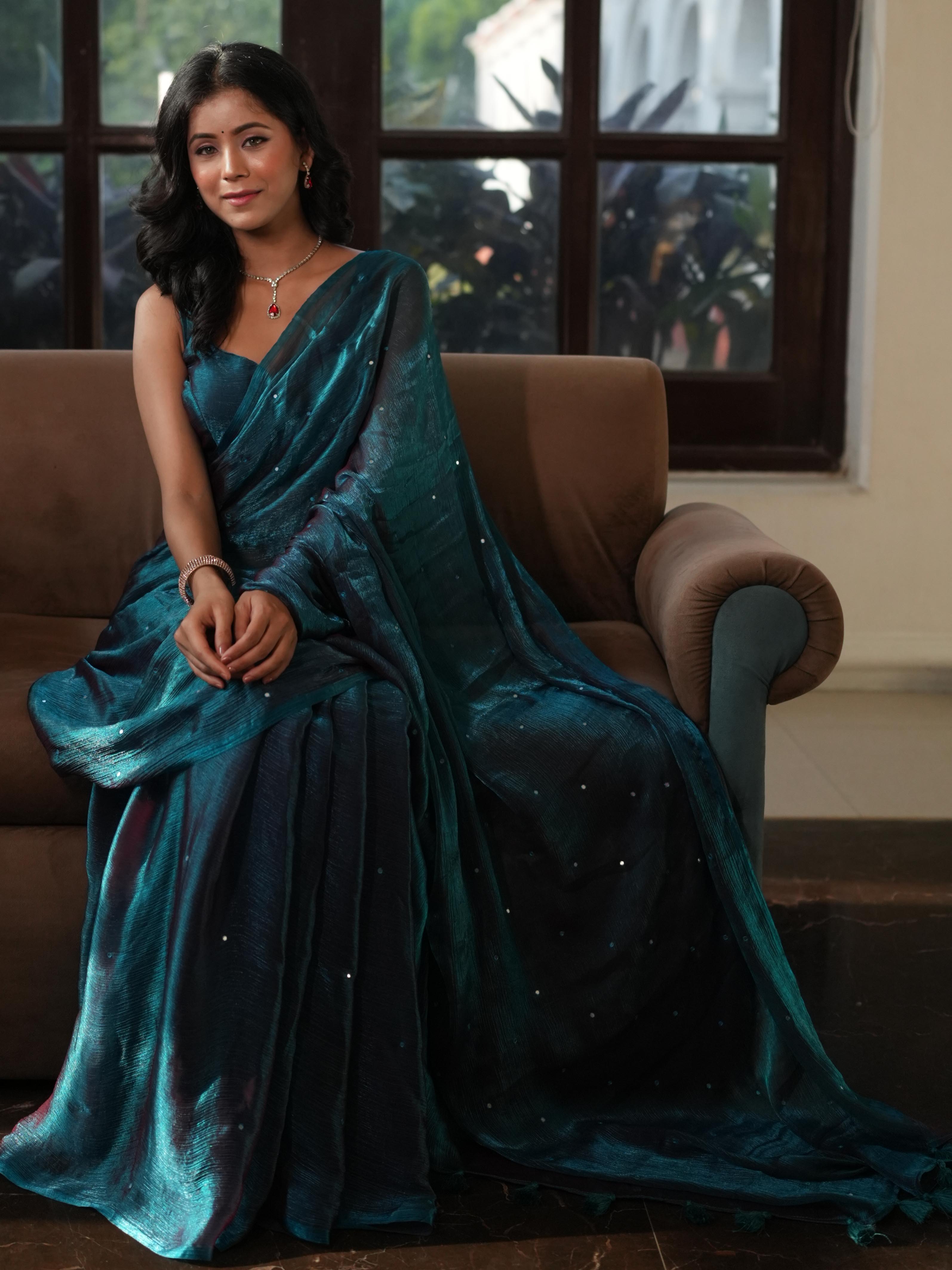 Banarasee Dual Shaded Chiffon Saree With Mirror Work-Teal Green