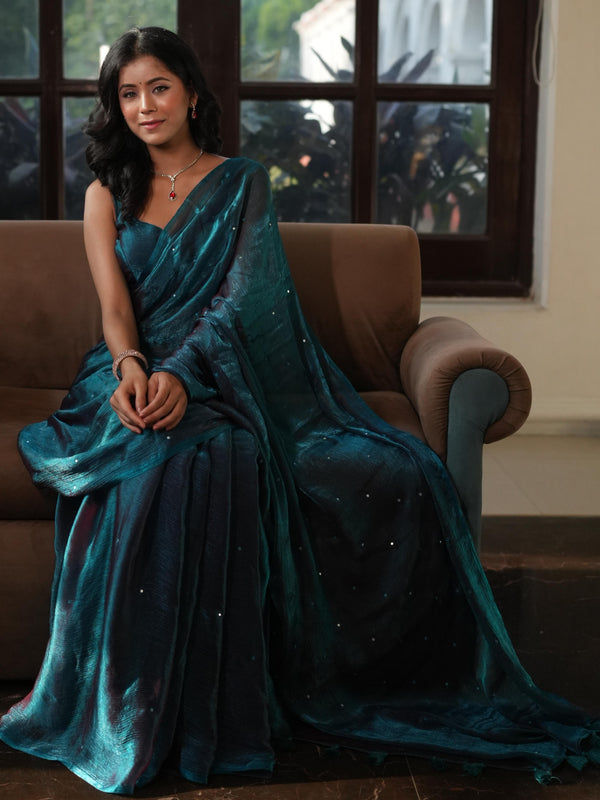 Banarasee Dual Shaded Chiffon Saree With Mirror Work-Teal Green