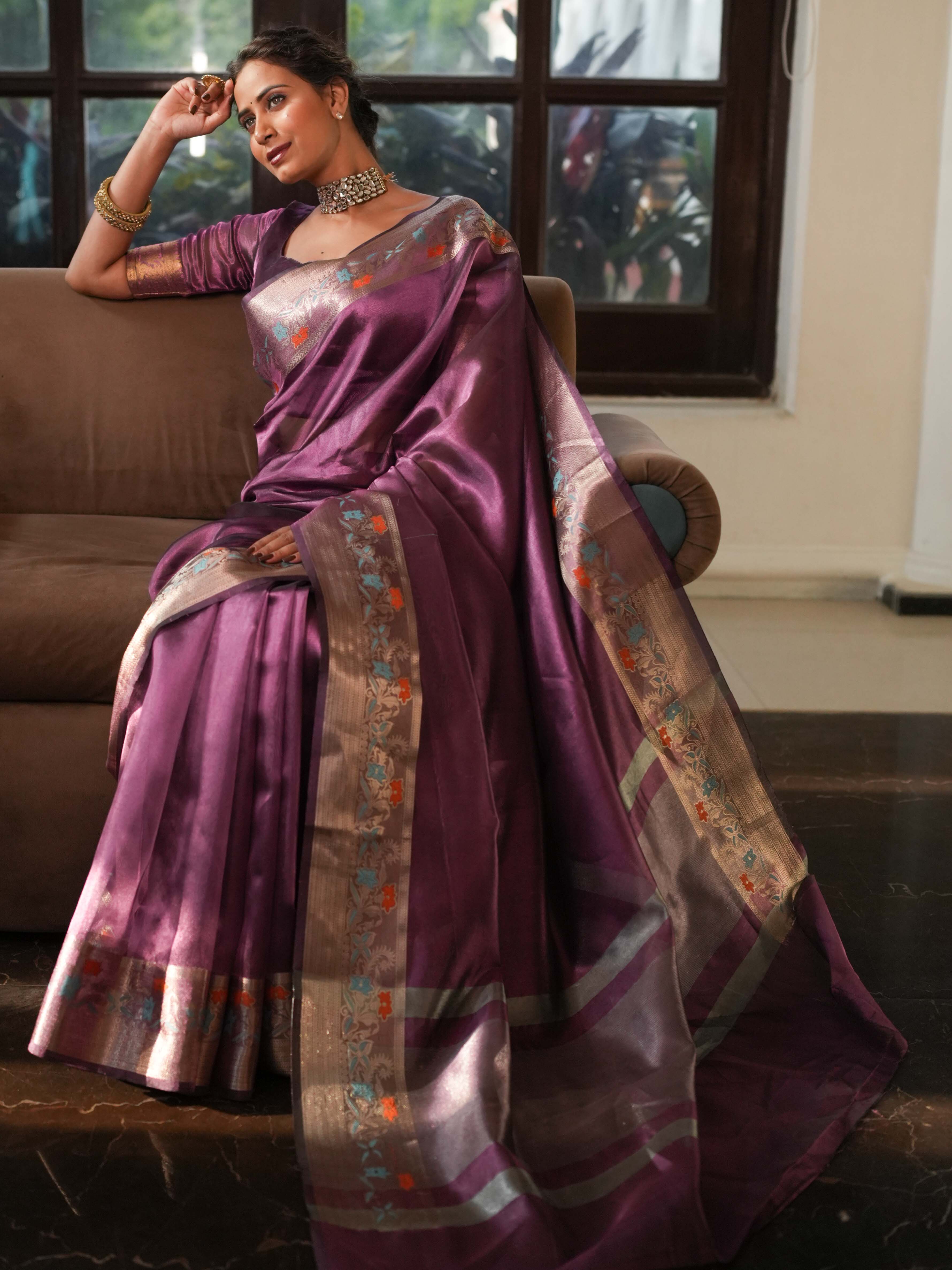 Banarasee Handwoven Plain Tissue Saree With Zari Border-Plum