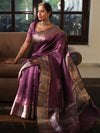 Banarasee Handwoven Plain Tissue Saree With Zari Border-Plum