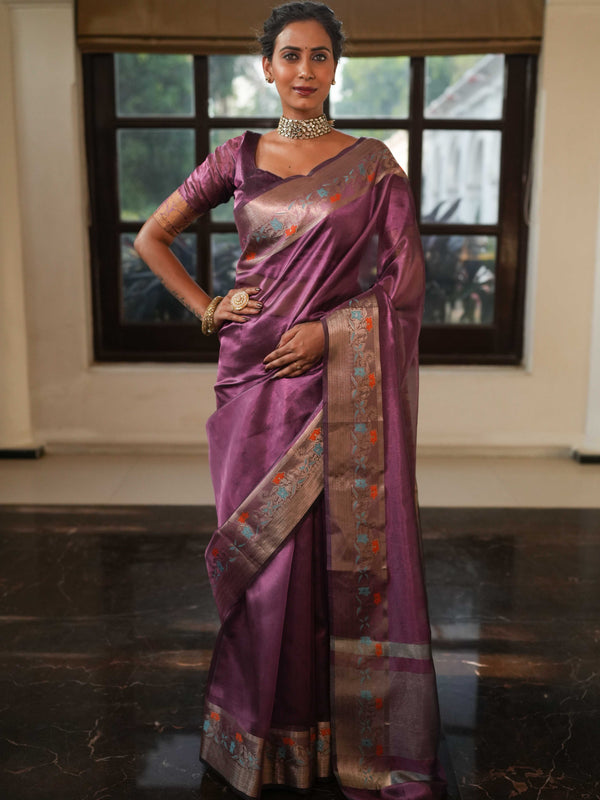 Banarasee Handwoven Plain Tissue Saree With Zari Border-Plum