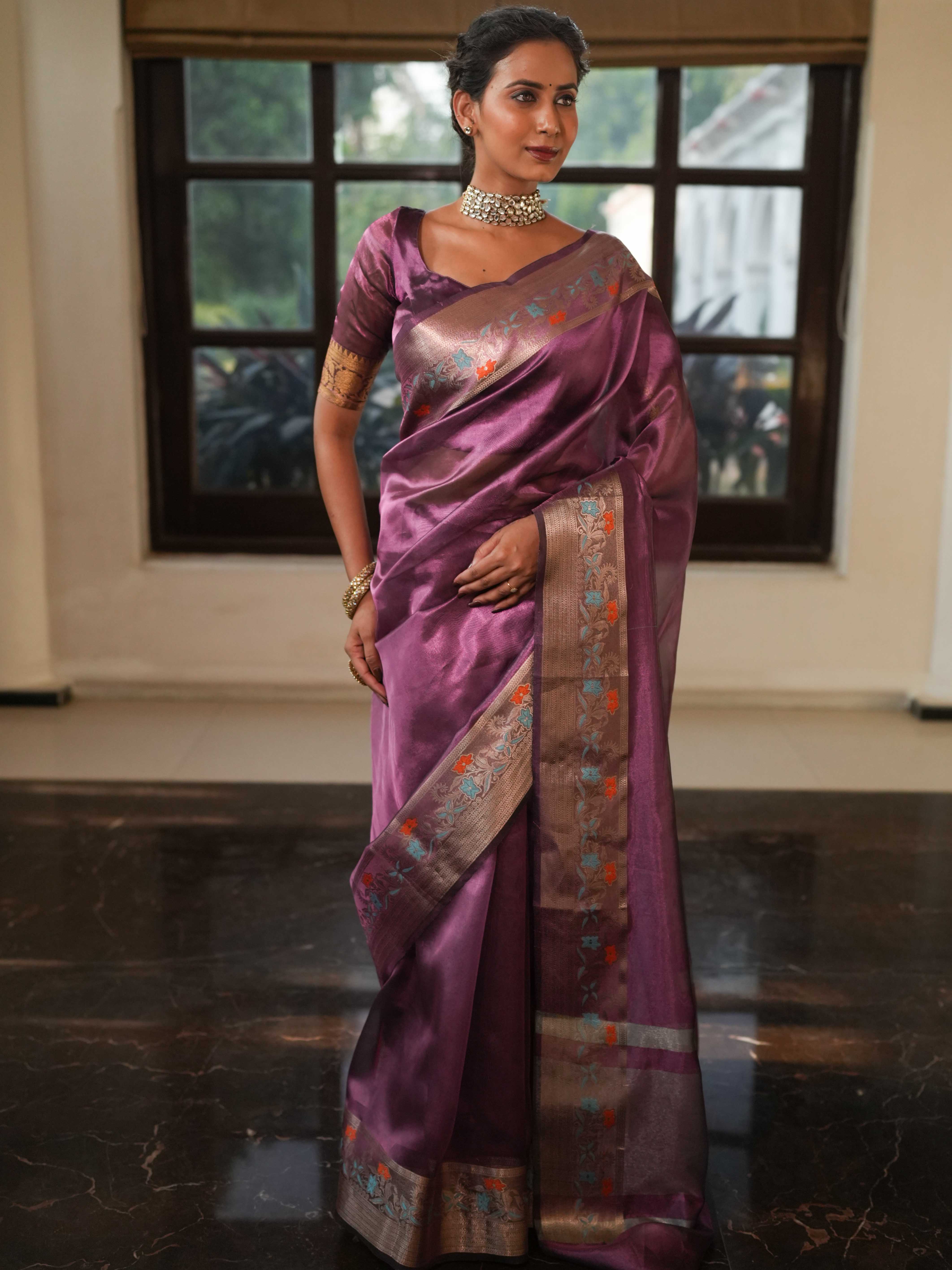 Banarasee Handwoven Plain Tissue Saree With Zari Border-Plum