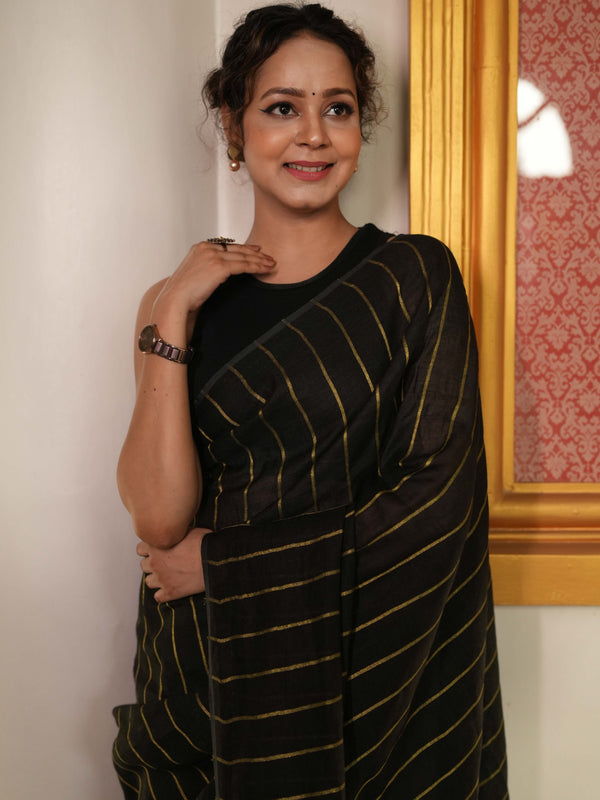 Bhagalpur Handloom Pure Linen Cotton Saree-Black