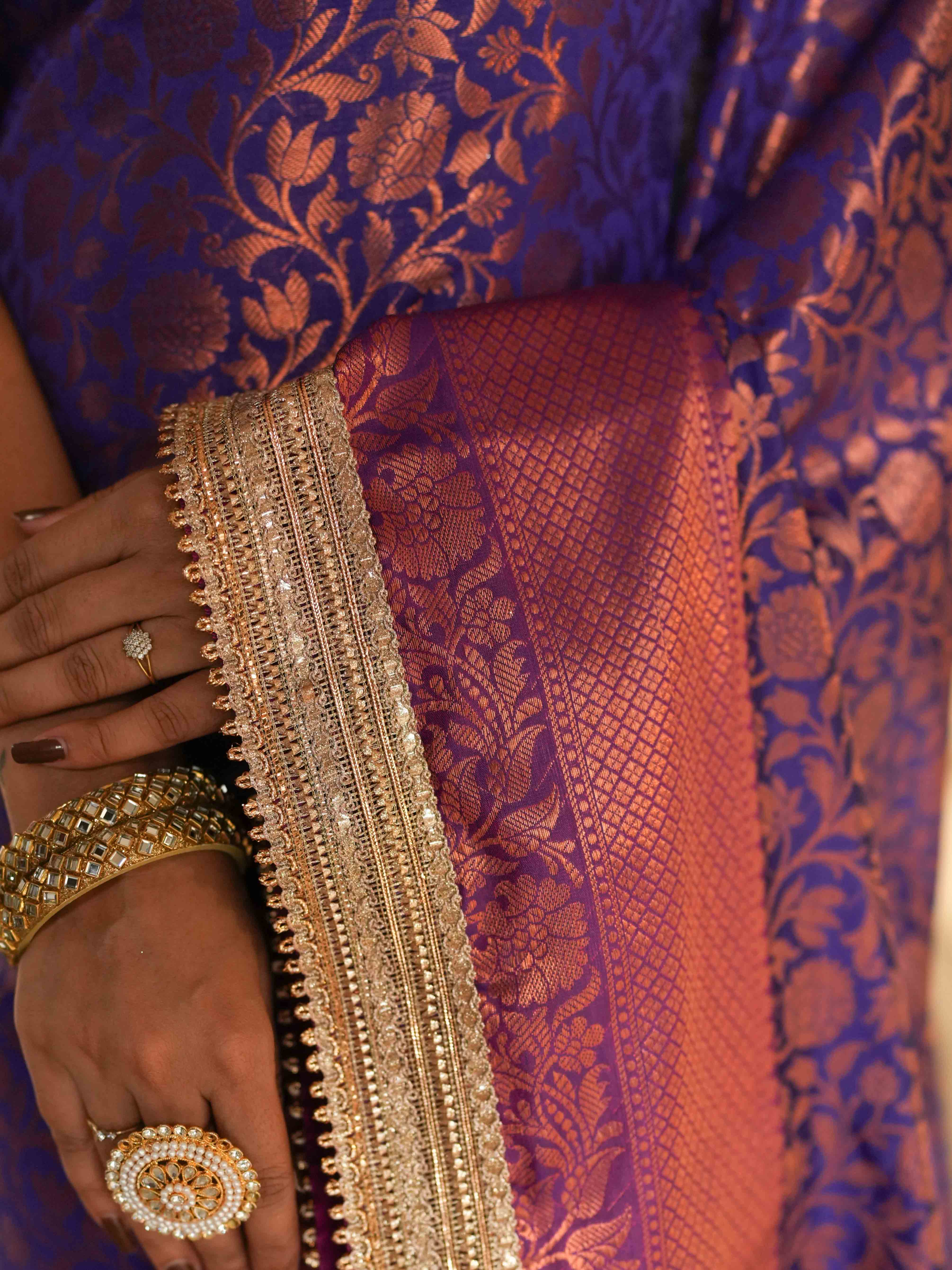 Banarasee Handwoven Tissue Saree With Zari Jaal Design & Border Lace-Blue