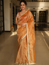 Banarasee Handwoven Mirror Work Crushed Tissue Saree With Border & Lace-Rust