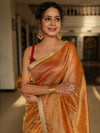 Banarasee Handwoven Mirror Work Crushed Tissue Saree With Border & Lace-Rust