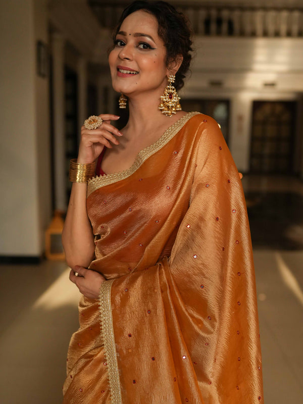 Banarasee Handwoven Mirror Work Crushed Tissue Saree With Border & Lace-Rust