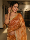 Banarasee Handwoven Mirror Work Crushed Tissue Saree With Border & Lace-Rust