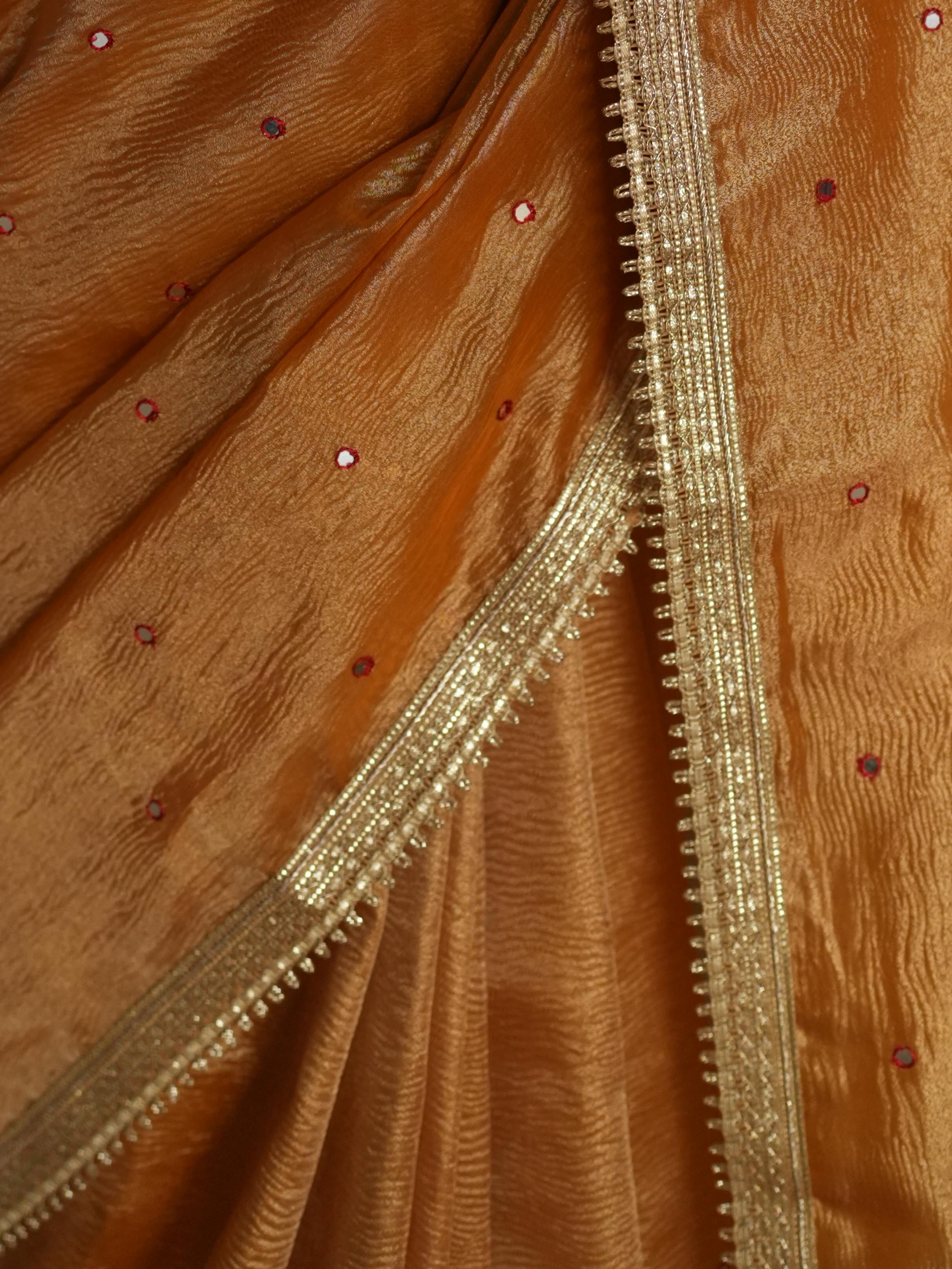 Banarasee Handwoven Mirror Work Crushed Tissue Saree With Border & Lace-Rust