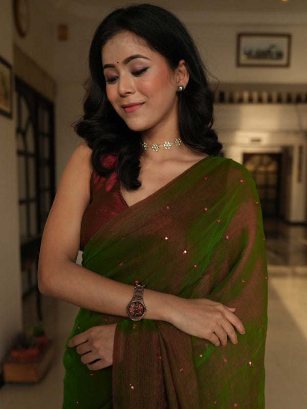 Banarasee Dual Shaded Chiffon Saree With Mirror Work-Green