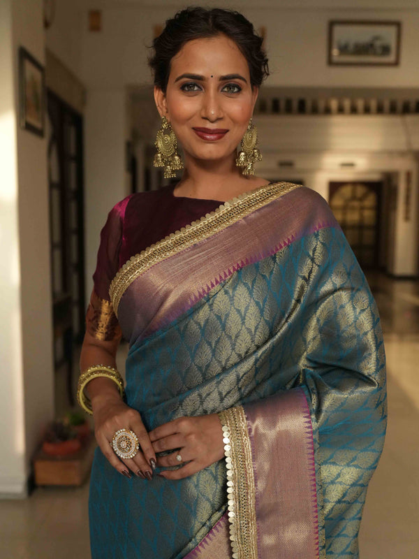 Banarasee Handwoven Tissue Saree With Zari Buti Design & Border Lace-Blue & Magenta