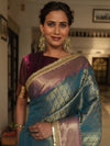 Banarasee Handwoven Tissue Saree With Zari Buti Design & Border Lace-Blue & Magenta