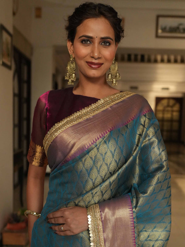 Banarasee Handwoven Tissue Saree With Zari Buti Design & Border Lace-Blue & Magenta