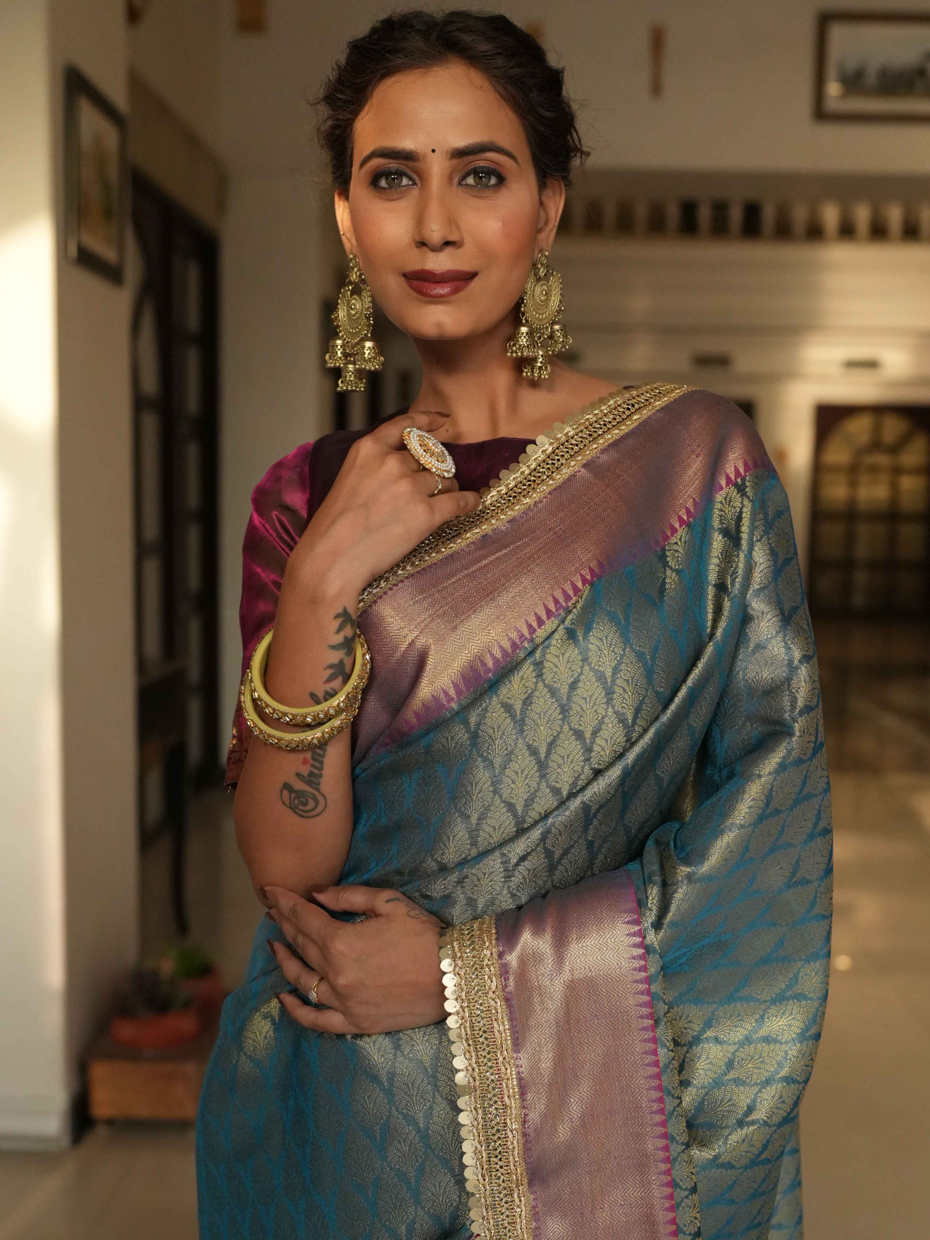 Banarasee Handwoven Tissue Saree With Zari Buti Design & Border Lace-Blue & Magenta