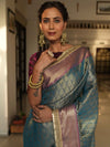 Banarasee Handwoven Tissue Saree With Zari Buti Design & Border Lace-Blue & Magenta