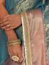 Banarasee Handwoven Tissue Saree With Zari Buti Design & Border Lace-Blue & Magenta