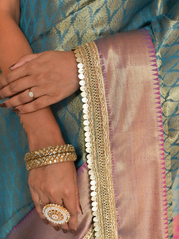 Banarasee Handwoven Tissue Saree With Zari Buti Design & Border Lace-Blue & Magenta