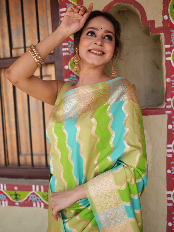 Banarasee Handwoven Semi Katan Saree With Rangkat Design & Border-Green