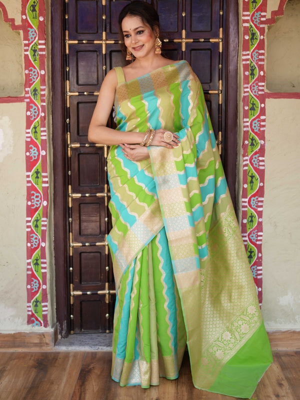 Banarasee Handwoven Semi Katan Saree With Rangkat Design & Border-Green