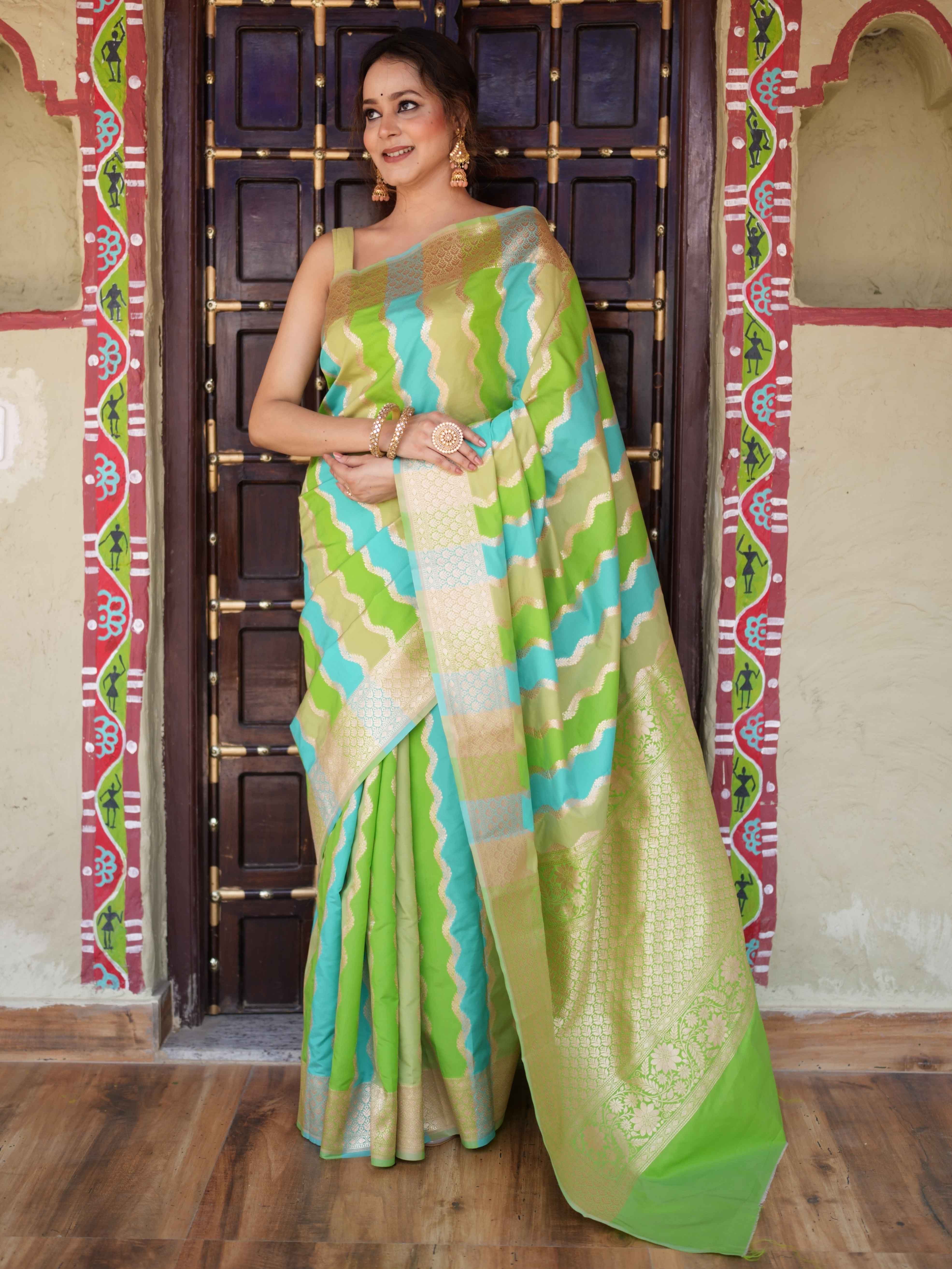 Banarasee Handwoven Semi Katan Saree With Rangkat Design & Border-Green