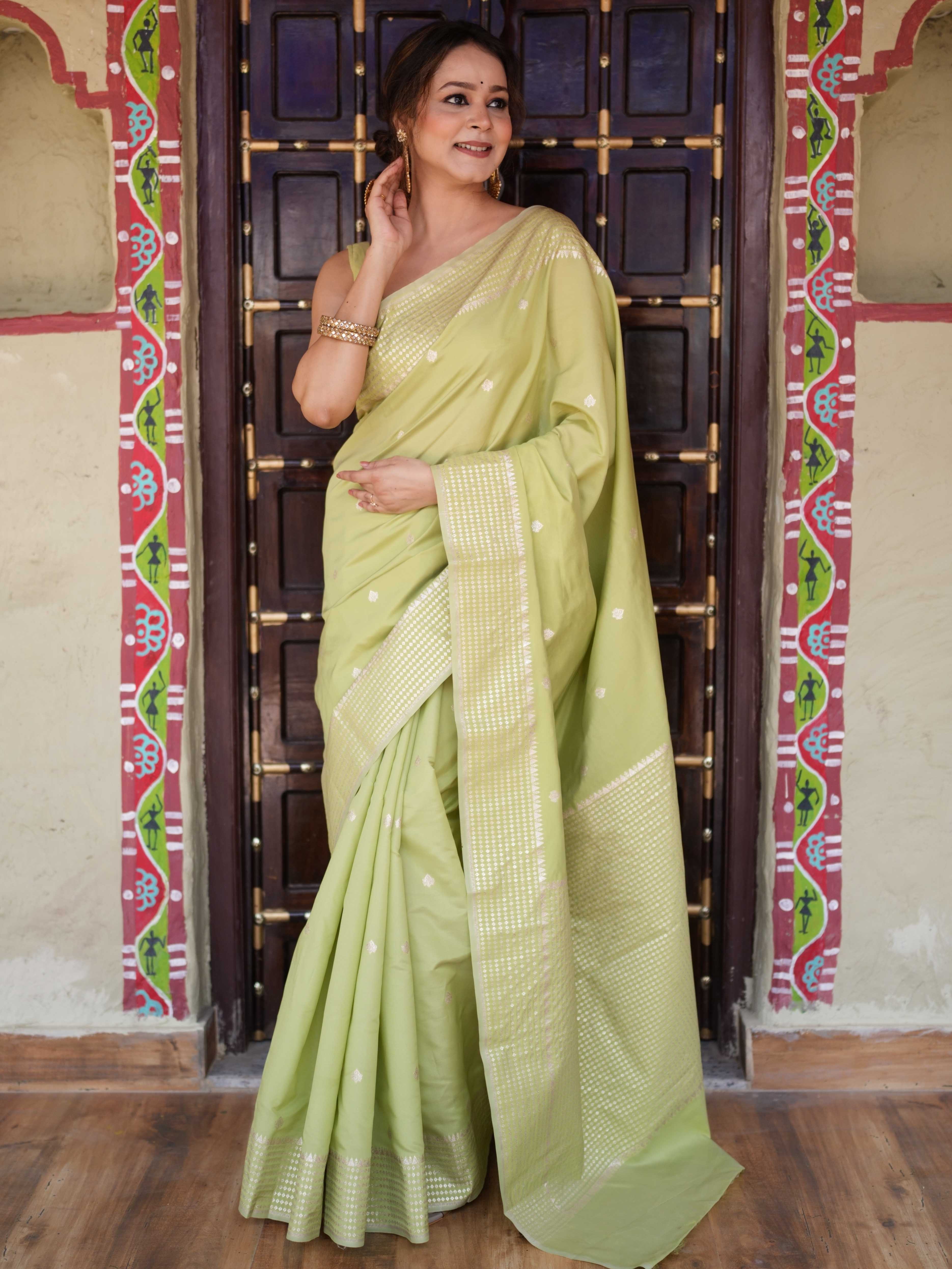 Banarasee Handwoven Cotton Silk Saree Zari Buti & Border-Light Green