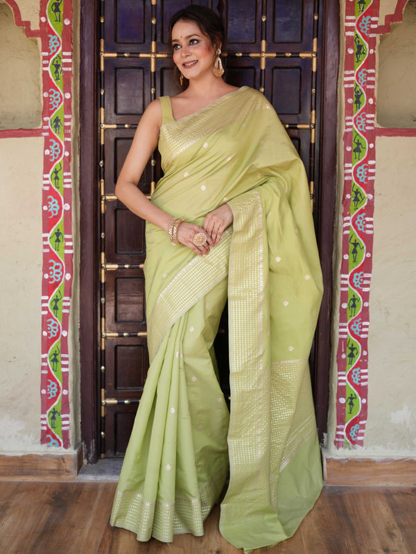 Banarasee Handwoven Cotton Silk Saree Zari Buti & Border-Light Green
