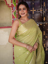 Banarasee Handwoven Cotton Silk Saree Zari Buti & Border-Light Green