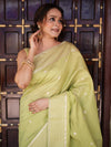Banarasee Handwoven Cotton Silk Saree Zari Buti & Border-Light Green