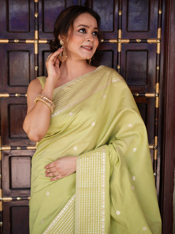 Banarasee Handwoven Cotton Silk Saree Zari Buti & Border-Light Green