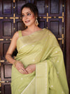 Banarasee Handwoven Cotton Silk Saree Zari Buti & Border-Light Green