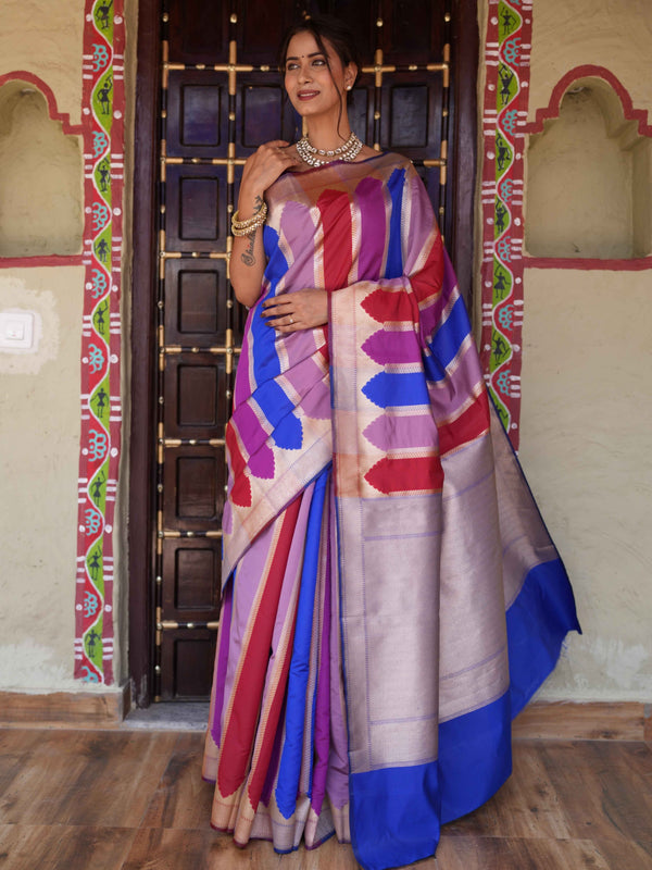 Banarasee Handwoven Semi Katan Saree With Rangkat Design & Border-Multicolor