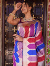 Banarasee Handwoven Semi Katan Saree With Rangkat Design & Border-Multicolor