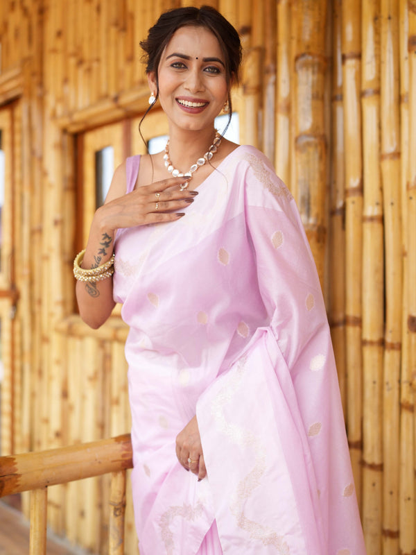 Banarasee Handwoven Semi Silk Saree With Zari Buti Design-Lavender