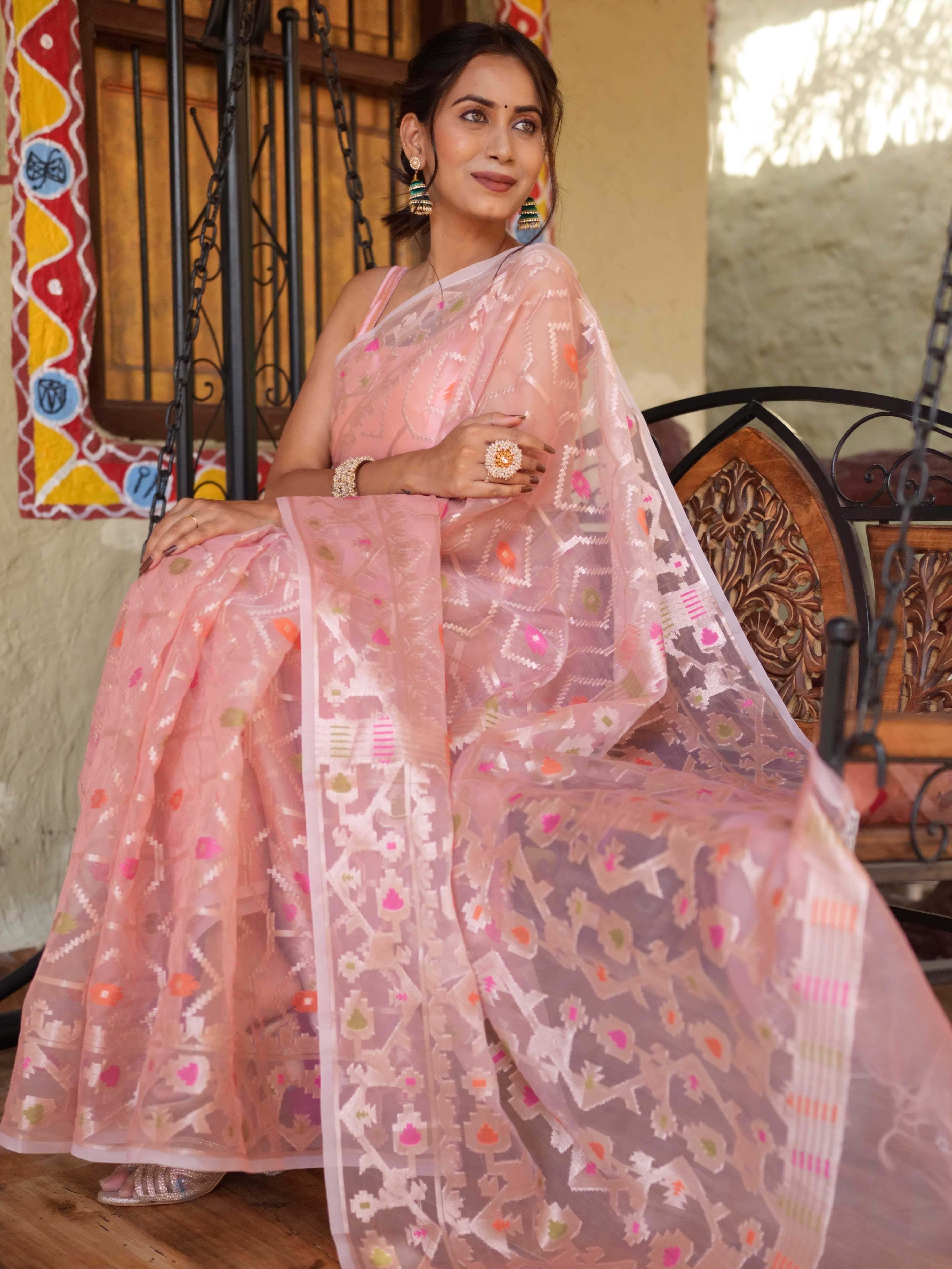 Banarasee Organza Mix Saree With Zari Jaal Design-Peach