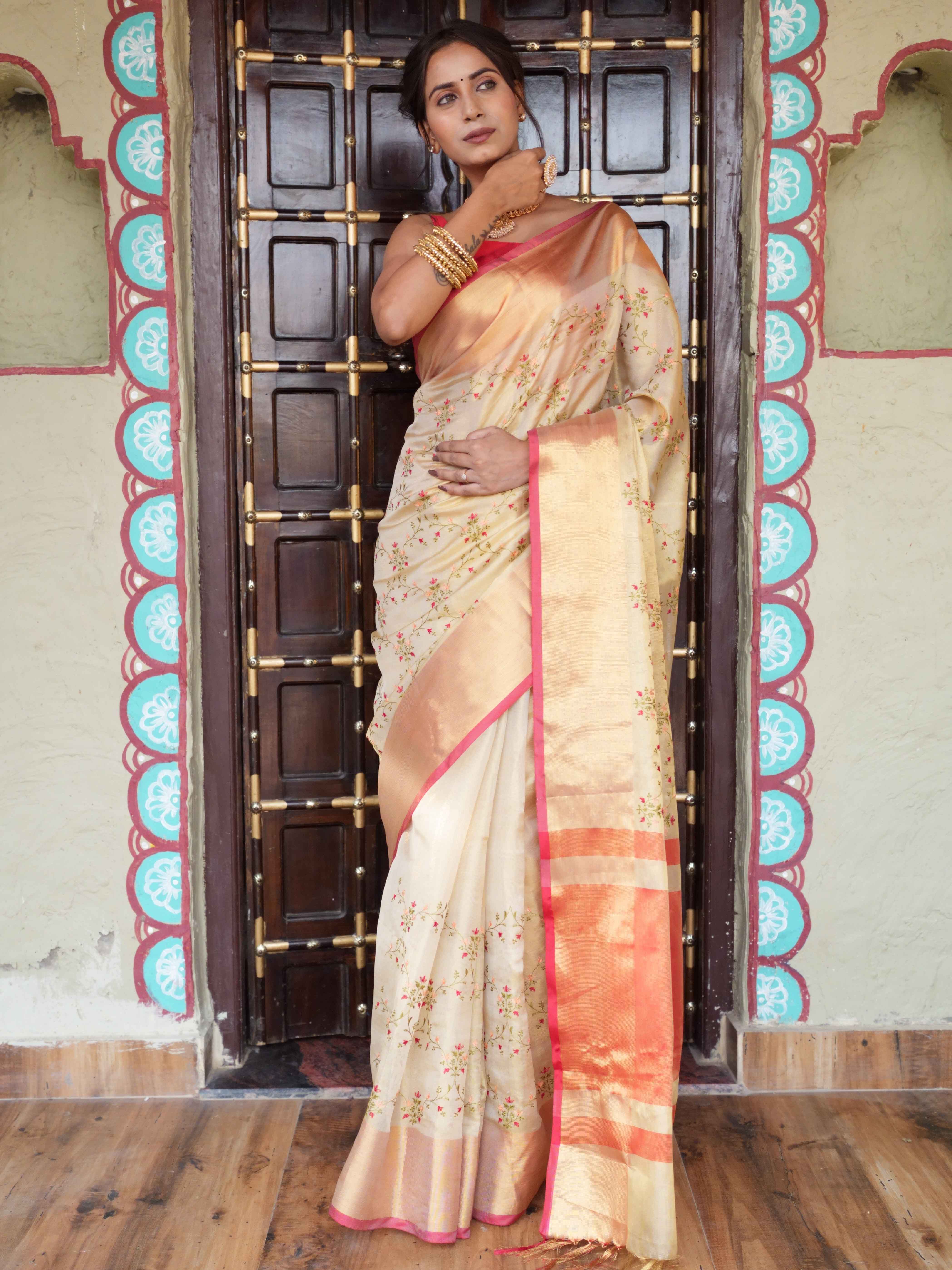 Banarasee Handwoven Broad Border Tissue Saree With Embroidered Design-Gold & Red