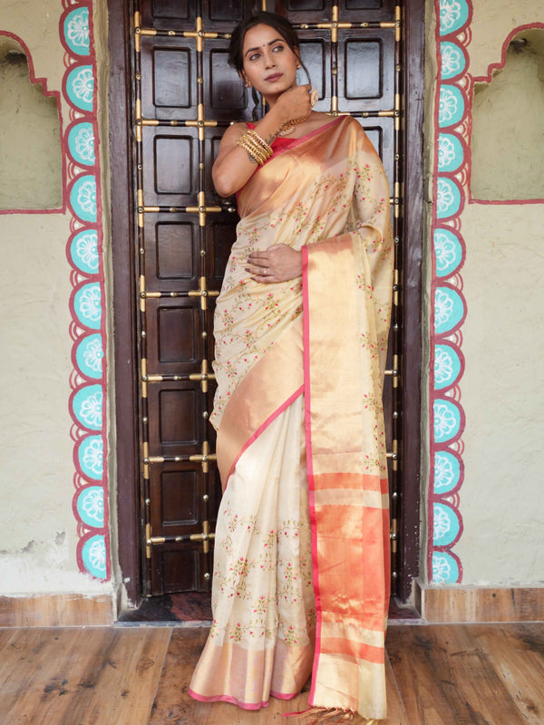Banarasee Handwoven Broad Border Tissue Saree With Embroidered Design-Gold & Red