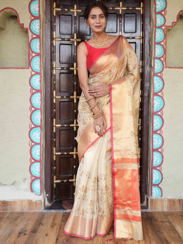 Banarasee Handwoven Broad Border Tissue Saree With Embroidered Design-Gold & Red