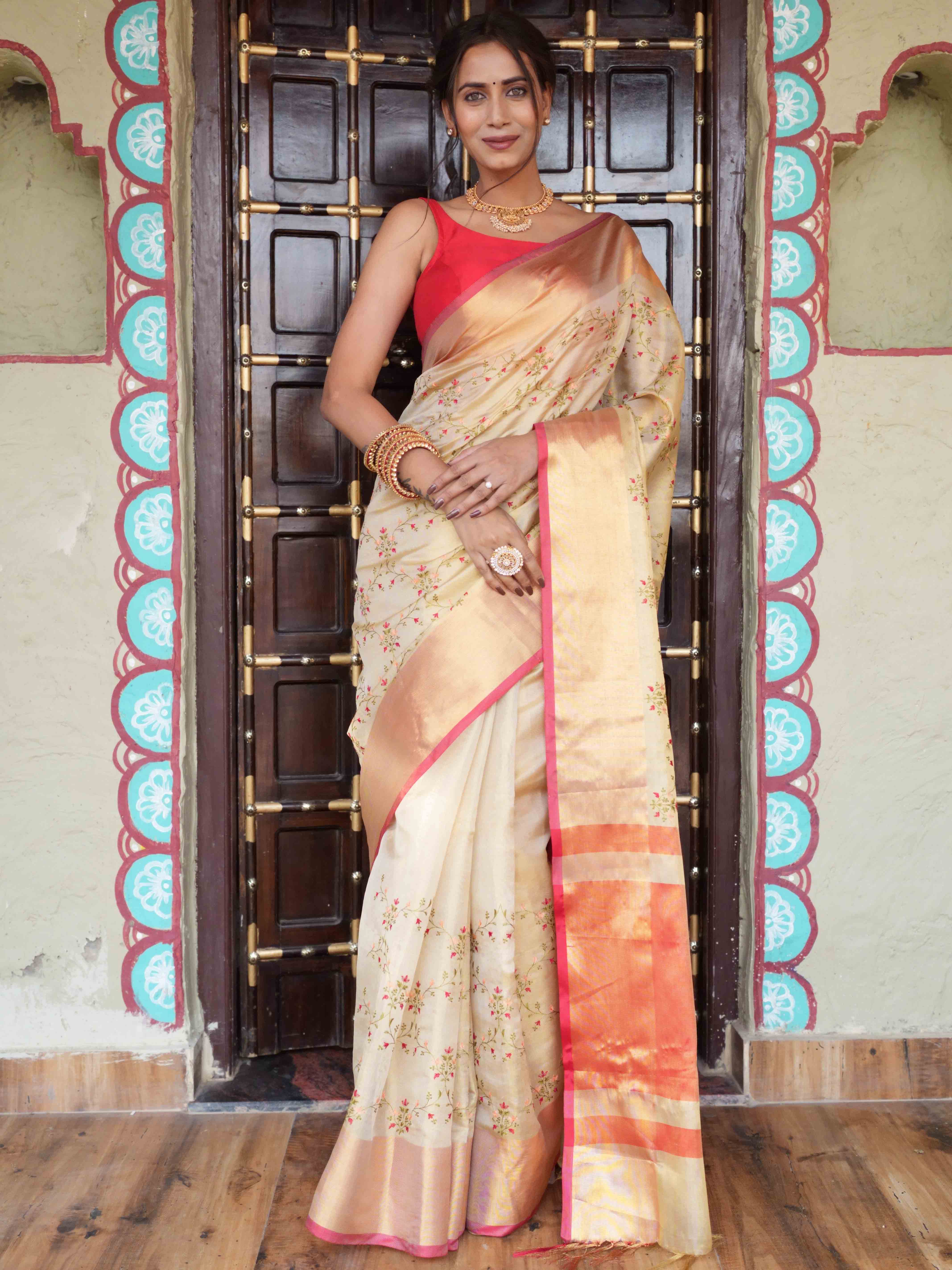Banarasee Handwoven Broad Border Tissue Saree With Embroidered Design-Gold & Red