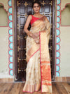 Banarasee Handwoven Broad Border Tissue Saree With Embroidered Design-Gold & Red