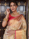 Banarasee Handwoven Broad Border Tissue Saree With Embroidered Design-Gold & Red