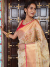 Banarasee Handwoven Broad Border Tissue Saree With Embroidered Design-Gold & Red