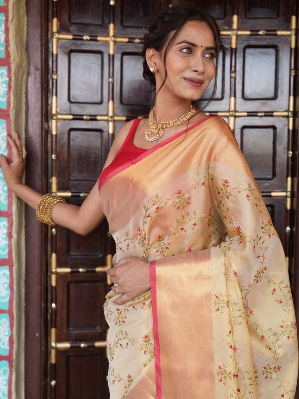 Banarasee Handwoven Broad Border Tissue Saree With Embroidered Design-Gold & Red