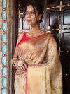Banarasee Handwoven Broad Border Tissue Saree With Embroidered Design-Gold & Red