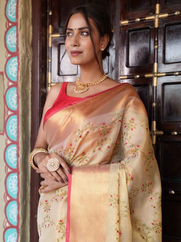 Banarasee Handwoven Broad Border Tissue Saree With Embroidered Design-Gold & Red