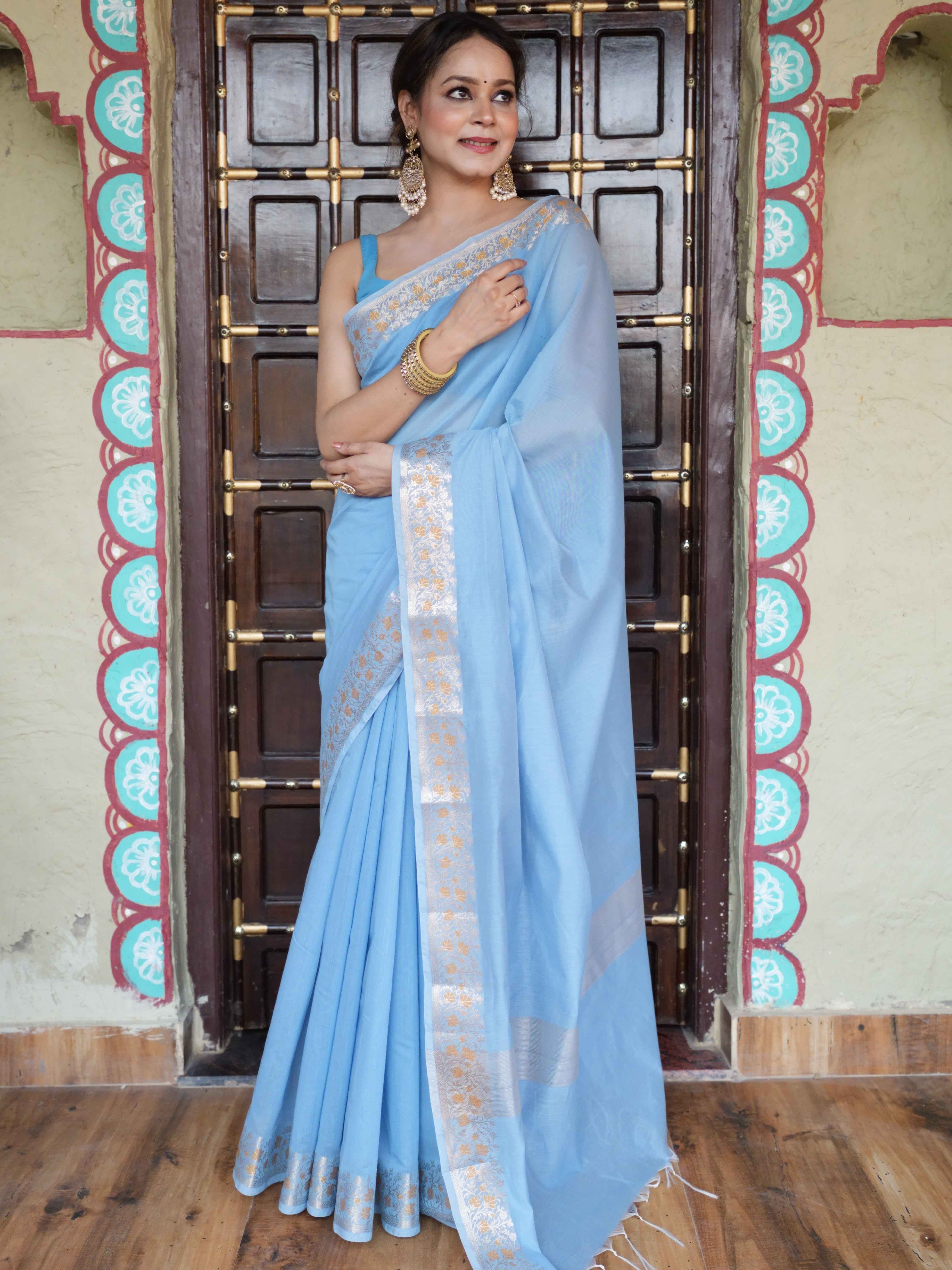 Banarasee Handwoven Cotton Silk Saree Zari Buti & Border-Light Blue