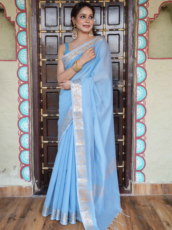 Banarasee Handwoven Cotton Silk Saree Zari Buti & Border-Light Blue