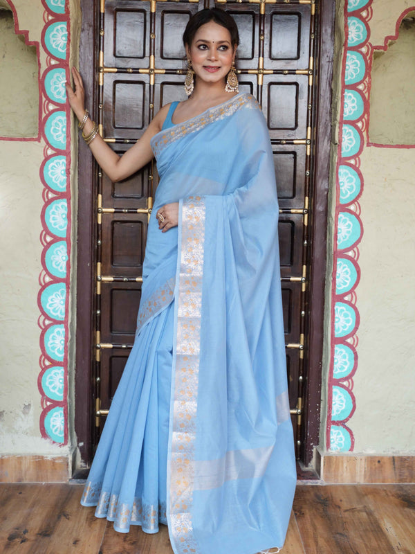 Banarasee Handwoven Cotton Silk Saree Zari Buti & Border-Light Blue