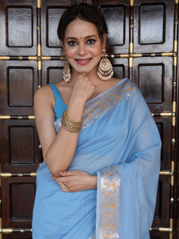 Banarasee Handwoven Cotton Silk Saree Zari Buti & Border-Light Blue